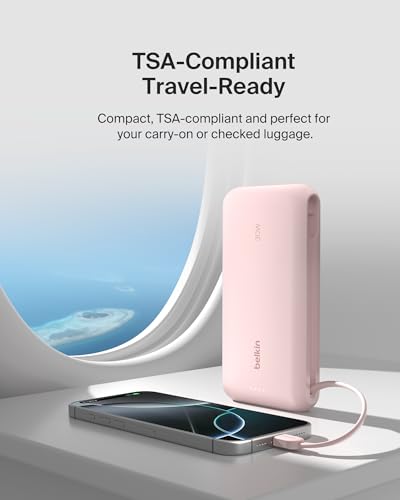 Belkin 20000mAh 30W USB C Power Bank, Portable Charger for iPhone & iPad | Fast Charging, Integrated USB C Cable, Eatra USB C Port, iPhone 17, iPad, Samsung Galaxy S26, Charge 2 Devices - color: Pink, style: 20K mAh