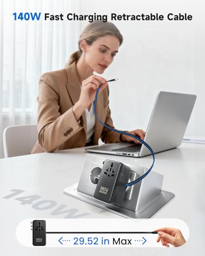 DOACE 140W GaN Universal Travel Adapter with USB-C Cable | 6-in-1 Design, USB-C PD Fast Charging, EU/UK/US/AU Plug Support, Worldwide Compatibility - color: Obsidian Black