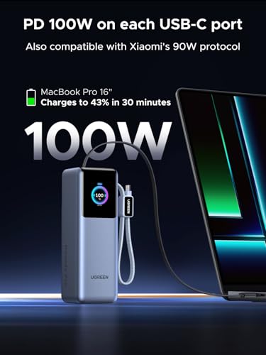 UGREEN Nexode Pro 25000mAh 200W Retractable Cables Power Bank for iPhone | Built-in retractable cables, TFT display, PD 3.1. 90Wh. Fast charges MacBook, Dell, HP, Samsung S26, iPhone 17/16.