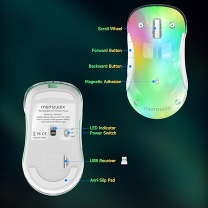 memzuoix 2.4G LED Wireless Mouse, Rechargeable Ergonomic Mouse with Detachable Cover, 1400 DPI Portable Optical Computer Mouse with USB Receiver for Laptop, PC, Desktop and MacBook, 5 Buttons-Green - color: Green