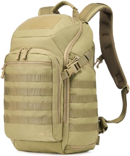 AMHEH 32L Tactical Backpack, 17 Inch Laptop Suspended Compartment | 1050D Water Resistant Heavy Duty MOLLE Computer Daypack, Airplane Travel Approved, Everyday Carry, Commuting, Weekend Trip - color: Tan