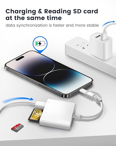 SD Card Reader for iPhone iPad, 4 in 1 Micro SD/SD Card Reader to iPhone Adapter, SD Card Viewer with TF/SD Dual Slot, Portable Camera Memory Card Reader for iPhone with Charging Port, Plug and Play - size: 4 Slots for (Lightning)
