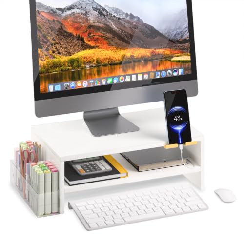 TEAMIX 2-Tier White Monitor Stand Riser with Phone Holder&Clear Pen Holder | Wood Desk Organizer, 15.7L x 9.5W x 5.7 inch, Holds 80 lbs, Laptop/PC/Printer Stand, Ergonomic Design, Home Office Supplies - color: White, size: 15.7 x 9.5 x 5.7 inches