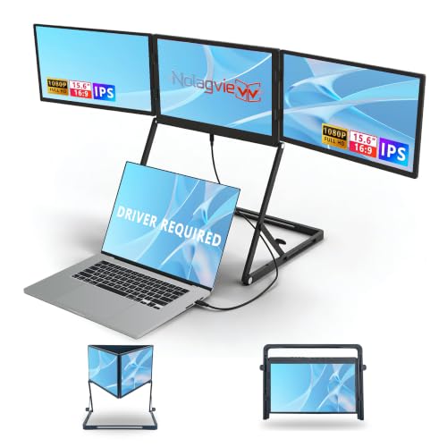 Laptop Triple Screen Extender, 15.6" Freestanding Triple Portable Monitor for Laptop, 1080P FHD IPS, 1 USB-C Connection for 4 Screens, Foldable Triple Screen for Work & Travel