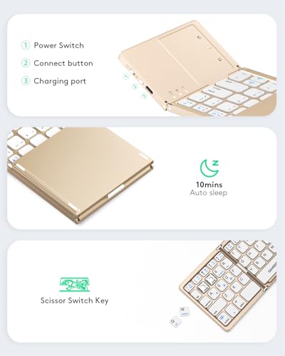 Samsers Foldable Bluetooth Keyboard with Touchpad, Ultra Slim Compact, Gold | Multi-touch Trackpad, Full Size, Phone Holder, USB-C Charging, 3 Device, for Android Windows iOS Mac OS, Mobile Productivity - color: Desert Gold, size: 3-Device