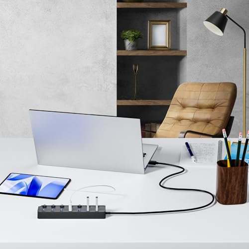 USB Hub 7 Port, USB Splitter with Individual On/Off Switches and Lights | USB 3.0 Hub with 3.3ft Cable, Extender for A Port Laptop, PC, Desktop-Gray - color: Gray
