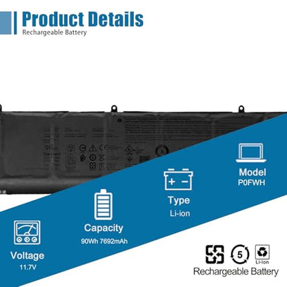 P0FWH Laptop Battery Replacement for Dell Alienware m16 R2 Inspiron 16 7640 2-in-1 Inspiron 16 Plus 7640 Series 0M9DG0 HGJCY POFWH 11.7V 90Wh 7692mAh - size: 11.84*3.32*0.33 inch P0FWH