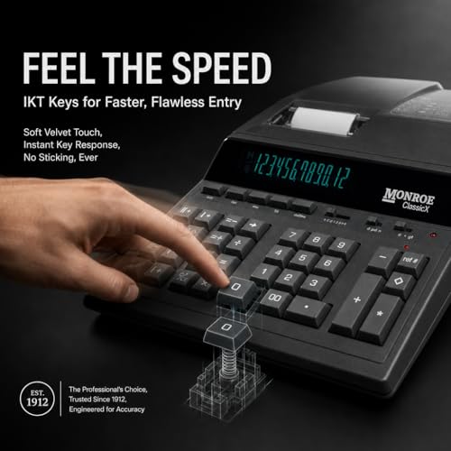 Monroe ClassicX 12-Digit Heavy-Duty Printing Calculator - Enclosed Paper Roll, Velvet Touch Keys, 5 Lines/Sec, Dual Memory - Professional Accounting Calculator
