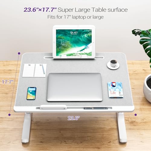 NEARPOW XXL Bed Table Tray, Adjustable Laptop Lap Desk for Couch, Black | Bed desk for laptop and writing features anti-slip leather, 5 heights, 4 angles, book stand, a drawer & removable stopper - color: Gray