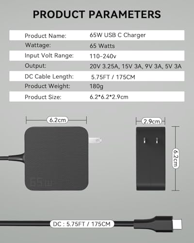 AKELON 65W USB C Laptop Charger for Lenovo Thinkpad Yoga HP Elitebook Spectre Dell Latitude MacBook Pro ASUS Chromebook Samsung 20V 3.25A Type C PD Wall Fast Power Adapter