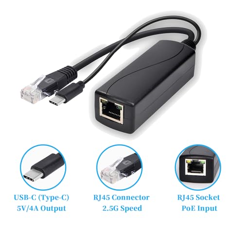 2.5G Type C PoE Splitter 5V/4A, 48V PoE to USB-C 5V/4A 20W Output, 2.5Gbps Ethernet Comply IEEE802.3af/at, Plug and Play for Smart Home/Pi 4B/4B+ (TYPEC0504G) - style: TYPEC0504G-X TYPE-C 5V/4A