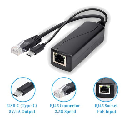 2.5G Type C PoE Splitter 5V/4A, 48V PoE to USB-C 5V/4A 20W Output, 2.5Gbps Ethernet Comply IEEE802.3af/at, Plug and Play for Smart Home/Pi 4B/4B+ (TYPEC0504G) - style: TYPEC0504G-X TYPE-C 5V/4A