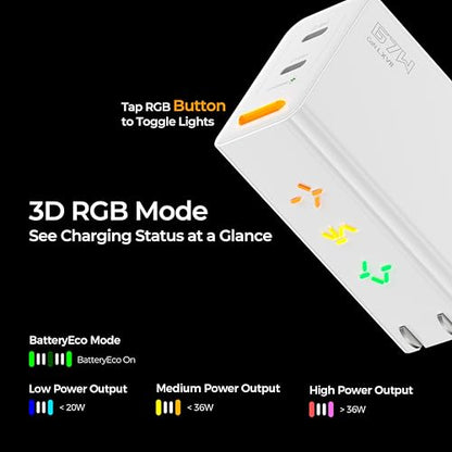 67W GaN Charger, Up to 43% Faster Two-Device Charging, Sustained 65W Dual USB-C Output, Foldable Plug with 360° RGB Status Light & One-Tap Control, for MacBook Pro 14, iPhone 17/16/15, iPad - color: Stardust White