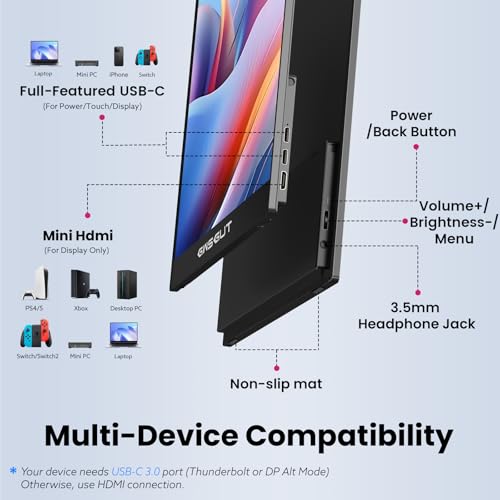 Portable Monitor Touchscreen 15.6'' FHD 1080P USB-C HDMI Ultra-Slim Gaming Display, Built-in Stand Speakers HDR IPS,for Laptop PC Mac Phone PS4/5 Travel Monitors (1080p Touchscreen, 15.6")