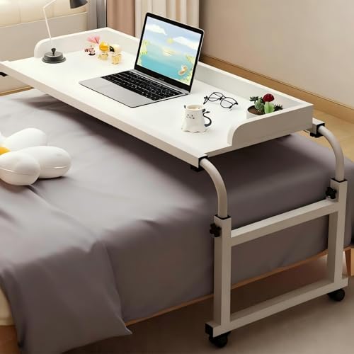 Overbed Table with Wheels and Desktop Enclosure, Height and Length Adjustable Over Bed Desk King Queen Bed Table Overbed Laptop Table (White) - color: White