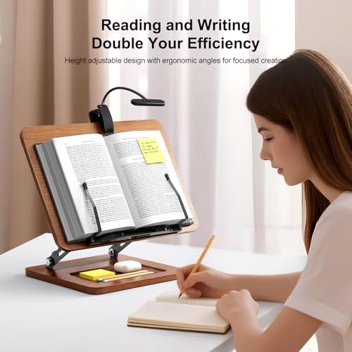 OPTIXCELL Book Stand with Light, Hands Free Book Holder, Gifts Book Lovers | Hands Free, Adjustable Height Angle, Built-in Storage Tray, 3-Mode Reading Light, Foldable Metal Frame, Fits Cookbook Tablet - style: Book Stand (Light)