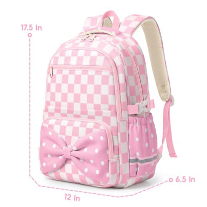 WOBAGMEN Printed Backpack for Adult Women with Bow| Water-Resistant Printed school bag, Spacious Storage for Elementary and Middle School Students（Pink Gingham） - color: Pink Gingham