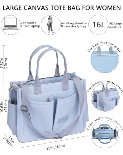 Canvas Tote Bag for Women,Women's Bags Crossbody Bags Work Laptop Tote Bag Large Handbags Purse for Travel Nurse Teacher - color: New Upgrade Light Blue With Compartments and Side Cup Holders