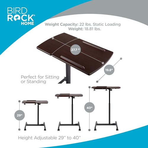 BIRDROCK HOME Adjustable Mobile Laptop Stand - Brown - Portable Rolling Standing Desk - Computer Stands - Four Wheels - Overbed or Bedside Table - color: Brown