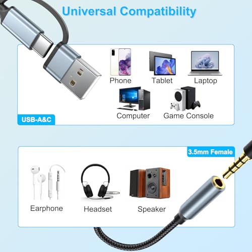 USB-C 3.5mm Audio Adapter with Type-A Converter, TRRS Headphone Jack & Mic | 2-in-1 USB-A & USBC to 1/8" AUX Cable Dongle for iPhone 17/16/15,iPad Pro/Air/Mini,Samsung Galaxy,MacBook,PC,Laptop,Headset