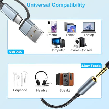 USB-C 3.5mm Audio Adapter with Type-A Converter, TRRS Headphone Jack & Mic | 2-in-1 USB-A & USBC to 1/8" AUX Cable Dongle for iPhone 17/16/15,iPad Pro/Air/Mini,Samsung Galaxy,MacBook,PC,Laptop,Headset