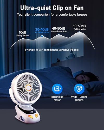 PILSAMAS Clip on Fan Rechargeable, 10000mAh LED Desk Fan with Clamp | Durable ABS plastic shell, Solid metal spring clamp, Great for stroller, Office desk, Camping tent, Treadmill