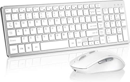 Rechargeable Slim 2.4G Keyboard Mouse Combo Silver White | Built-in number pad, quiet silent keys, ergonomic mouse, 2.4G USB receiver, compatible with Windows desktop, PC & laptop