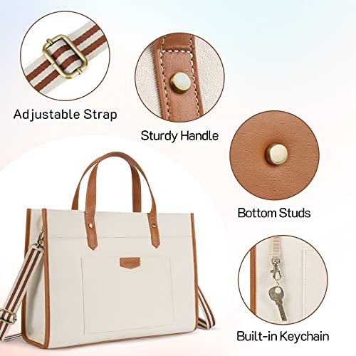 Missnine Laptop Tote Bag Canvas Laptop Bag 15.6 inch Work Shoulder Bags Casual Briefcase Handbag for Travel, Office, College - color: Brown+beige