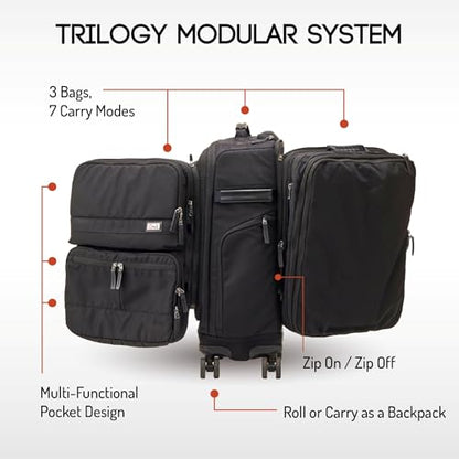 Trilogy Modular System I Modular 4-wheel spinner carry-on, with two zip-off bags! All 3 are Expandable! You get 3 bags in 1! Mix and match; take apart to fit crowded airplane spaces (Black) - color: Black