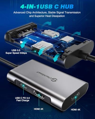 UtechSmart HDMI to USB C Adapter, 4-in-1 USB C Hub, Dual HDMI Adapter with 4K, USB C to USB Adapter for MacBook Pro Air, Dell, HP, Microsoft, Chromebook, Lenovo, iPhone 16 (100W PD USB 3.0) - color: 4 Port