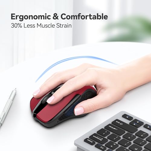 TECKNET Wireless Mouse, 2.4G Ergonomic Computer Mouse, 2600 DPI, Red | Ergonomic Design with Side Grips, Adjustable DPI, 2-Year Battery, Compact Size, USB-A Plug & Play, Wide OS Compatibility - color: Red
