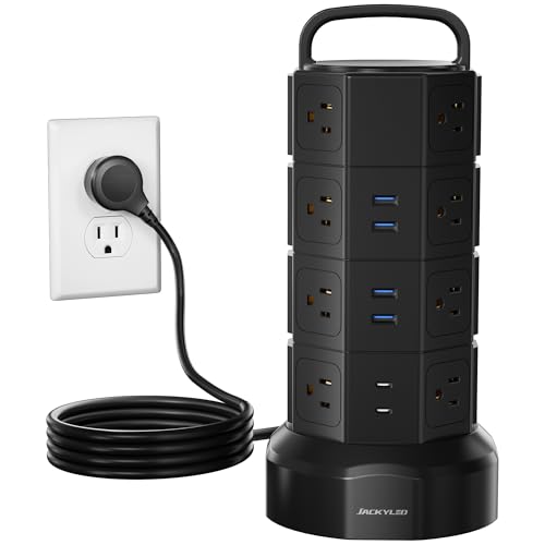 JACKYLED Power Strip Tower Surge Protector, 16 AC 6 USB (2 USB C), 1050J | 6.5Ft Retractable Extension Cord with Multiple Outlets, 1625W/13A Outlet Extender, USB Charging Station for Home Office Dorm - color: Black, size: Large-6.5ft