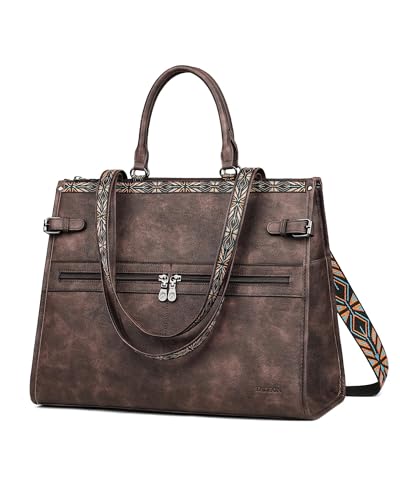 FADEON Laptop Bag for Women Designer PU Leather Large Tote Bags Backpack Purses with 15.6 Laptop Compartment Shoulder Handbag - color: Coffee Brown Retro Style