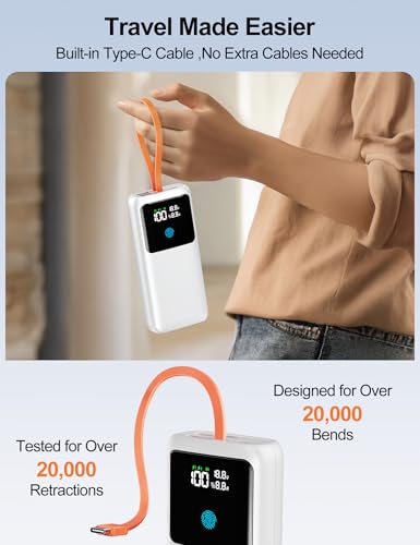 Portable Laptop Charger 24000mAh 65W w/USB C Built-in Cable White | 65W Fast charging, LED display, Charge 4 devices at once, Pass through, TSA approved, Compatible with Macbook/Notebook/iPhone - color: White