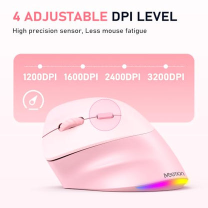MEETION Left-Handed Wireless Ergonomic Vertical Mouse, Rechargeable - Pink | Dual Bluetooth 5.2/3.0 + USB, RGB lighting, 4 adjustable DPI, compatible with Windows, Mac, PC, iPad and tablets - color: Left Pink