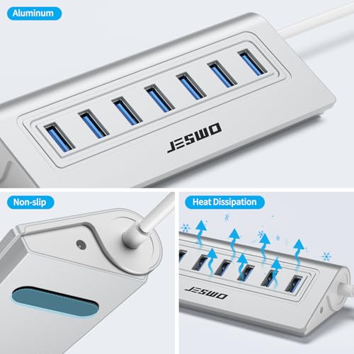 USB Hub 3.0, JESWO Aluminum 7 Port USB 3.0 Hub with 3.3Ft Cable, USB Splitter with 7-USB3.0 Data Ports Compatible with MacBook, Laptop,Surface Pro, PS5, PC and More (No Power Adapter Included)