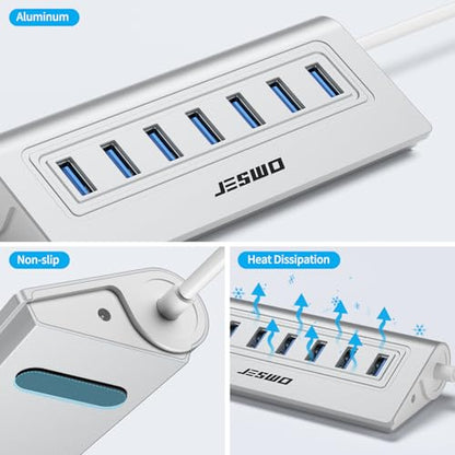 USB Hub 3.0, JESWO Aluminum 7 Port USB 3.0 Hub with 3.3Ft Cable, USB Splitter with 7-USB3.0 Data Ports Compatible with MacBook, Laptop,Surface Pro, PS5, PC and More (No Power Adapter Included)
