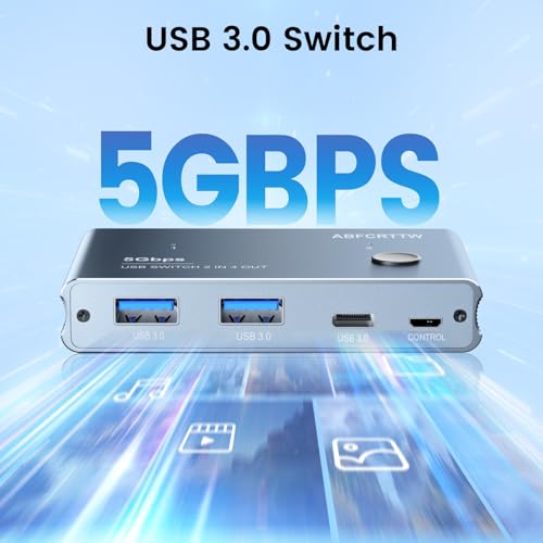 USB 3.0 Switch 2 in 4 Out with Desktop Controller, Aluminum USB Switch for 2 Computers with 1xUSB C Port and 3xUSB A Ports, 2 USB A to A Cables for Mouse, Keyboard, Printer, Webcam, U-Disk