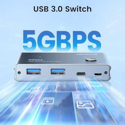 USB 3.0 Switch 2 in 4 Out with Desktop Controller, Aluminum USB Switch for 2 Computers with 1xUSB C Port and 3xUSB A Ports, 2 USB A to A Cables for Mouse, Keyboard, Printer, Webcam, U-Disk