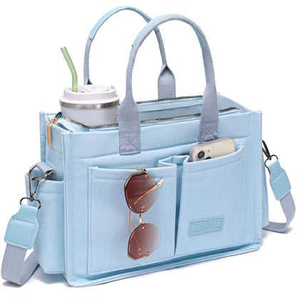 Canvas Tote Bag for Women,Women's Bags Crossbody Bags Work Laptop Tote Bag Large Handbags Purse for Travel Nurse Teacher - color: New Upgrade Light Blue With Compartments and Side Cup Holders