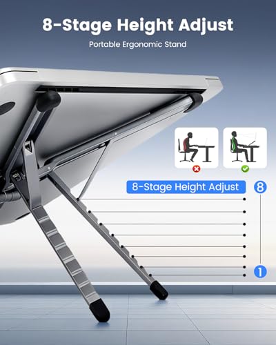 LENTION Laptop Stand, Magnetic Foldable 8-Level Adjustable MagSafe Riser | Ergonomic Portable Handhold Aluminum Tripod Holder; Fits 10-16 Inch Laptops, Phones & Tablets for Home, Office & Travel Use