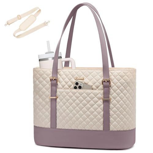 LOVEVOOK Laptop Bag for Women, 15.6 Inch Work Tote Computer Bag With Large Cup Holder, Lightweight Large Laptop Briefcase for Travel, Bussiness, Teacher - color: Beige-taro Purple, size: 15.6 Inch