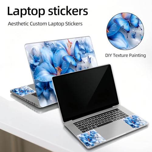 Universal Laptop Skin Sticker Decal, 12"-15.6" Aesthetic Vinyl Wrap, Blue Flower Butterfly Waterproof Notebook Cover Art Protector for MacBook HP Dell Lenovo, Fits 13" 14" 15" 15.6" - color: Blue Flower Butterfly