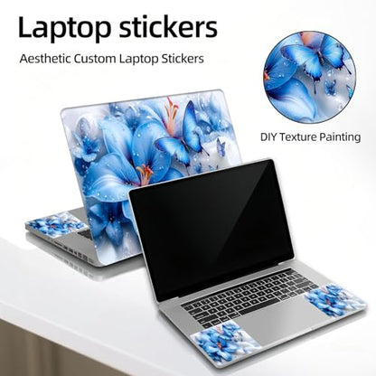 Universal Laptop Skin Sticker Decal, 12"-15.6" Aesthetic Vinyl Wrap, Blue Flower Butterfly Waterproof Notebook Cover Art Protector for MacBook HP Dell Lenovo, Fits 13" 14" 15" 15.6" - color: Blue Flower Butterfly