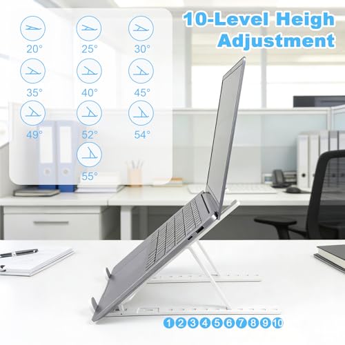Laptop Stand for Desk, Adjustable 10-Angle Foldable Laptop Riser, Portable White Plastic Tablet Holder, Ventilated Notebook Stand Compatible with All Laptops up to 17 Inch - color: White