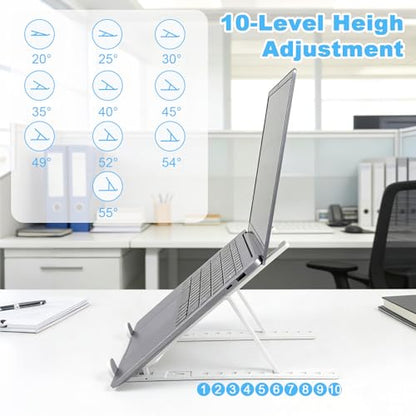 Laptop Stand for Desk, Adjustable 10-Angle Foldable Laptop Riser, Portable White Plastic Tablet Holder, Ventilated Notebook Stand Compatible with All Laptops up to 17 Inch - color: White