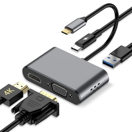 USB C Hub, 4 in 1 USB C Adapter with HDMI VGA for MacBook Tablet Laptops | USB C VGA Adapter • 100W PD • 4K HDMI • USB C 3.0 • USB A 3.0 • OTG Type-C Devices • MacBook USB Adapter - size: 9837 Gray