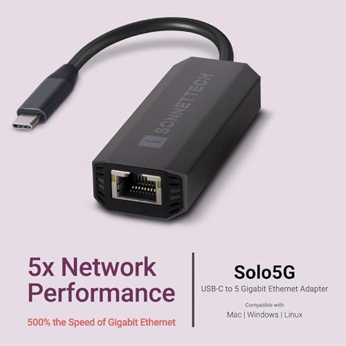 Sonnet Solo5G USB-C to 5 Gigabit Ethernet Adapter – RJ45 Supports 5Gbs, 2.5Gbps, 1Gbps, and 100Mbps, Plug-and-Play. Compatible with USB-C or Thunderbolt Port, Mac, Windows, and Linux