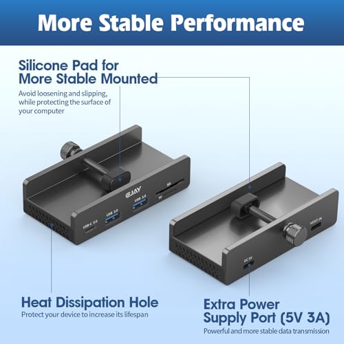 EJAY Clamp USB Hub 5-in-1 USB C Hub 59" Cable for iMac & PC | | Aluminum | Mountable Splitter | Desktop Edge Fixed Hub | Home Office Setup | Long Cable - color: Black