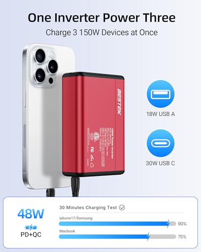 BESTEK 150W Power Inverter 11-17V, 30W USB-C, 18W USB-A Car Charger Adapter | 12V DC to 110V AC Converter, Vehicle Cigarette Lighter Plug Outlet, 10 Layer Protection, ETL Certified, Aluminum Housing-Gray - color: Red